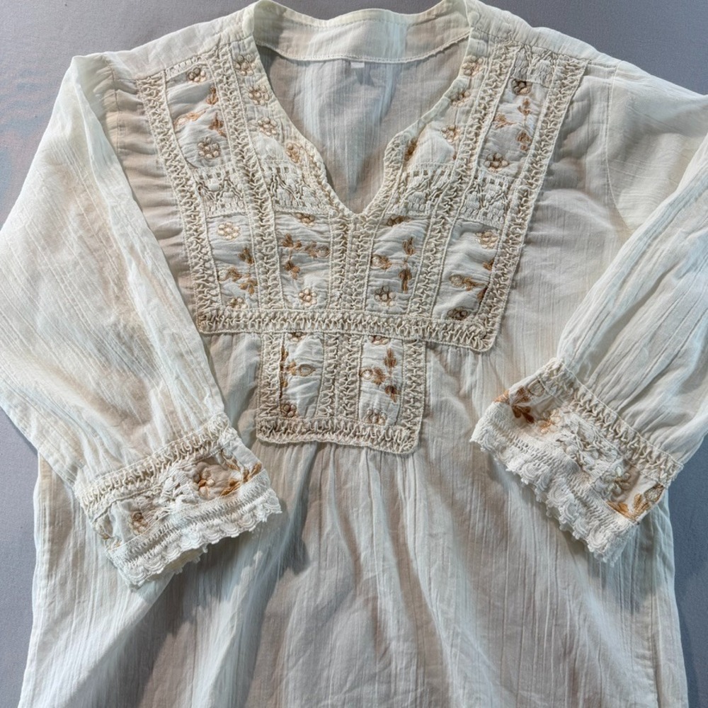 Boho Embroidered Peasant Blouse Cream Cotton Gauze Top Cottagecore - Picture 5 of 8